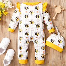 Load image into Gallery viewer, Baby girl's bumble bee bodysuit romper matching tie-top hat set