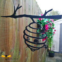 Load image into Gallery viewer, Black metal silhouette bee hive garden art