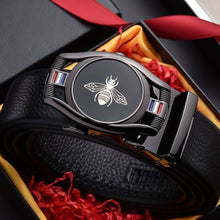 Load image into Gallery viewer, Men's black leather automatic ratchet gun metal bee buckle belt