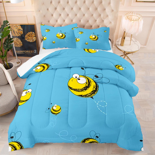 Blue duvet cover set featuring an all over print of big and small funny bumble bees