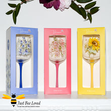 Load image into Gallery viewer, Tall stemmed wine glasses with florals and bumble bees decoration in gift boxes.