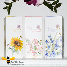 Load image into Gallery viewer, Gift boxed stemmed wine glasses with florals and bumble bees decoration