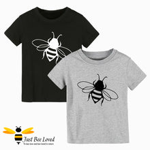 Load image into Gallery viewer, 2 t-shirts in black with white bee print, and grey with black bee print