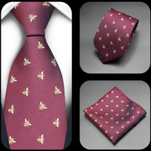 Load image into Gallery viewer, Burgundy neck tie and pocket square handkerchief set with an embroidered bee design.