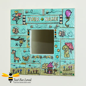 Children's Personalised Handmade Bees Mosaic Clay Mirror in blue