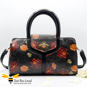 Black floral embossed faux leather Boston bee bag
