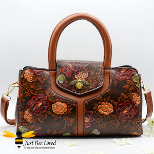 Brown floral embossed faux leather Boston bee bag