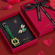 Load image into Gallery viewer, Green faux leather gold watch with a matching bee brooch gift set