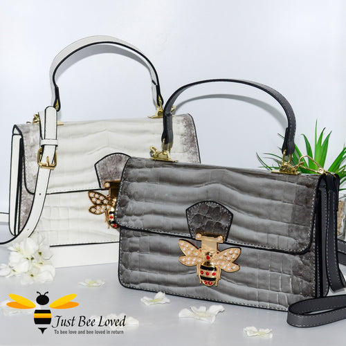Faux patent pu leather white grey handbags with large gold bee clasp