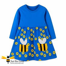 Load image into Gallery viewer, Girl's royal blue colour cotton dress with bee pockets yellow daisies detailing