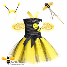 Load image into Gallery viewer, Girl's handmade tutu bumble bee dress with wings, antennae and bee wand
