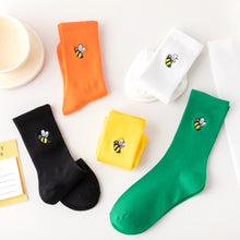 Load image into Gallery viewer, Pack of 5 pairs of solid multi colours white, yellow, orange, black, green women socks with bee embroidery detail