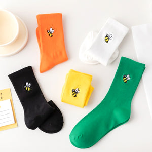 Pack of 5 pairs of solid multi colours white, yellow, orange, black, green women socks with bee embroidery detail
