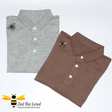 Load image into Gallery viewer, Brown and grey Polo short sleeve shirts with bee embroidery motif