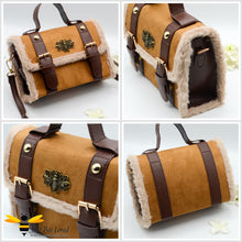 Load image into Gallery viewer, Brown faux suede and fur mini crossbody bee bag