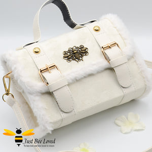 White imitation suede and fur mini crossbody bee bag