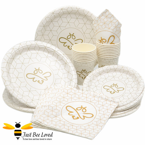White and gold bumble bee 64 piece party tableware set