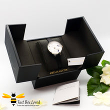 Load image into Gallery viewer, Amelia Austin black leather silver dial watch with purple Swarovski crystal bees in presentation gift box