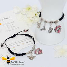 Load image into Gallery viewer, Black BTS Army Shamballa bee and heart charm wish bracelet with a Forever Army fan encouragement verse card