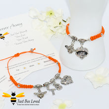 Load image into Gallery viewer, Orange BTS Army Shamballa bee and heart charm wish bracelet with a Forever Army fan encouragement verse card