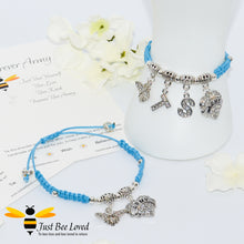 Load image into Gallery viewer, Blue BTS Army Shamballa bee and heart charm wish bracelet with a Forever Army fan encouragement verse card
