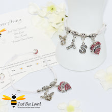 Load image into Gallery viewer, White BTS Army Shamballa bee and heart charm wish bracelet with a Forever Army fan encouragement verse card