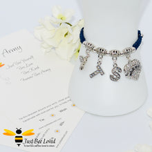 Load image into Gallery viewer, Navy BTS Army Shamballa bee and heart charm wish bracelet with a Forever Army fan encouragement verse card