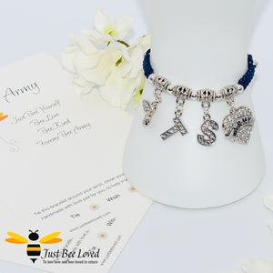 Handmade BTS Army navy Shamballa bee charm wish bracelet with encouragement card