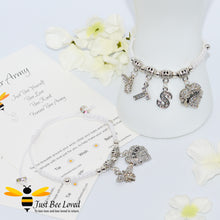 Load image into Gallery viewer, White BTS Army Shamballa bee and heart charm wish bracelet with a Forever Army fan encouragement verse card