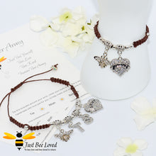 Load image into Gallery viewer, Brown BTS Army Shamballa bee and heart charm wish bracelet with a Forever Army fan encouragement verse card