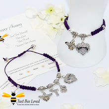 Load image into Gallery viewer, Handmade BTS Army purple Shamballa bee charm wish bracelet with encouragement card