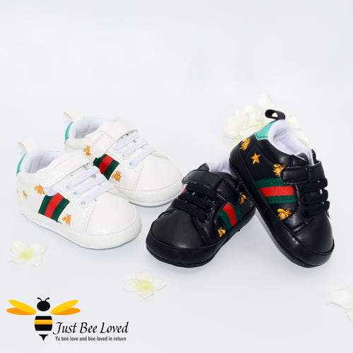 baby infant first trainers with gold embroidery bees & stars in white and black