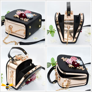 hand-crafted 3D embellished square metal handbag featuring a bouquet of flowers, golden leaves with a pearlised bee in black