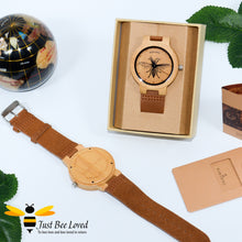 Load image into Gallery viewer, Men's Bamboo Bee watch with brown leather band by Bobo Bird