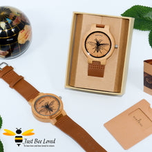 Load image into Gallery viewer, Men&#39;s Bamboo Bee watch with brown leather band by Bobo Bird