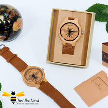 Load image into Gallery viewer, Men's Bamboo Bee watch with brown leather band by Bobo Bird