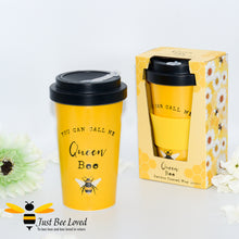 Load image into Gallery viewer, Eco bamboo travel mug featuring queen bumblebee. with text message &quot;you can call me queen bee&quot; in orange colour.