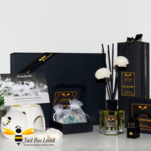 Load image into Gallery viewer, Bee themed vegan home fragrance hamper gift box set with reed diffuser, wax melts, wax tablets, car diffuser, oil wax melt burner, personalised postcard