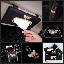 Load image into Gallery viewer, crystal bee 5 piece car accessories bling gift set, including visor tissue holder, seat belt cover, mobile storage holder, air freshener and key ring. 