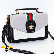 Load image into Gallery viewer, Grey cross body handbag with gold bee embellishment