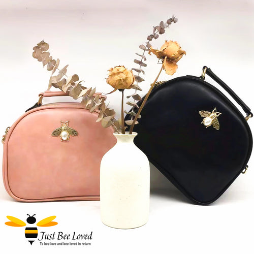 Just Bee Loved PU Leather Crossbody Handbags with gold bee and pearl embellishment in black and pink colours