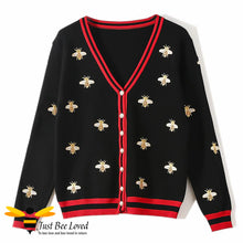 Load image into Gallery viewer, Black & red cardigan with bumblebee embroidery design