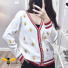 Load image into Gallery viewer, Woman wearing White & red stripe cardigan with bee embroidery design