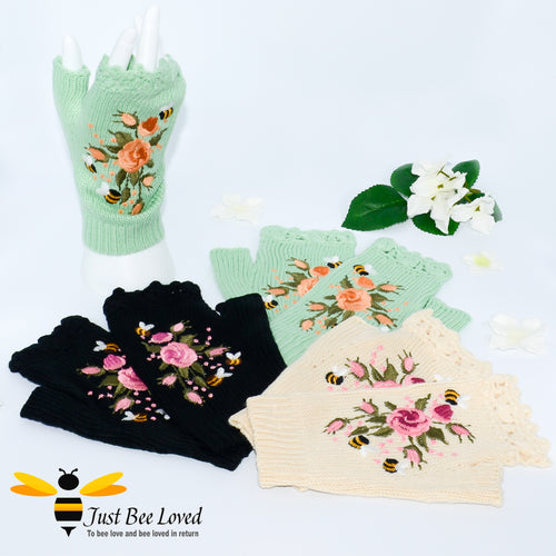 hand-embroidered bees & flowers fingerless woollen mitten gloves