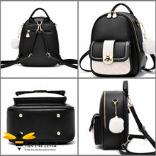 Load image into Gallery viewer, PU leather backpack featuring quilted flap-over front compartment with gold and cream bumblebee buckle clasp in black and cream colour