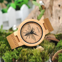 Load image into Gallery viewer, Men's Bamboo Bee watch with brown leather band by Bobo Bird