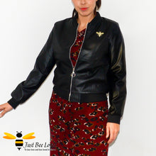 Load image into Gallery viewer, Women's faux vegan friendly leather black biker bomber baseball jacket featuring bee embroidery detailing