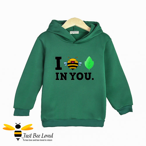 Children's pullover hoodie in green with cartoon bee and text 