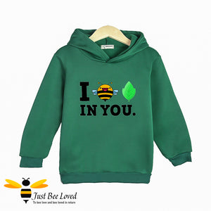 Children's pullover hoodie in green with cartoon bee and text "I bee leaf in you"