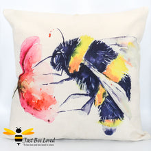 Load image into Gallery viewer, Large scatter cushion with watercolour artwork design of a bumblebee foraging on wild poppy flower